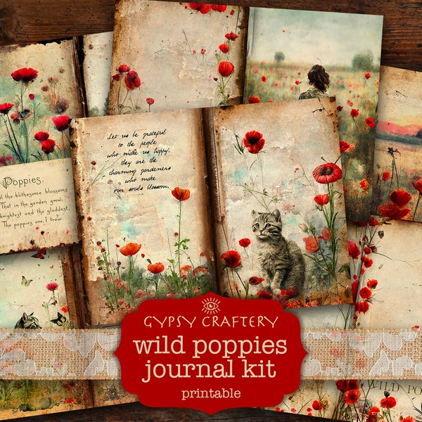 Wild Poppies Junk Journal Kit, Poppy Journal Printable, Ephemera Pack, Junk Journal Pages, Scrapbook Supplies, Floral Papers