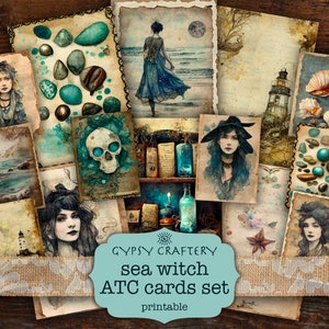 Cartes ATC Sea Witch, Cartes de visite indésirable, Cartes de journalisation imprimables, Téléchargement numérique, Scrapbooking, Créations en papier