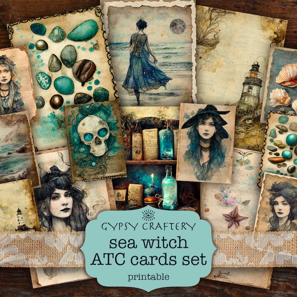 Sea Witch ATC Cards, Junk Journal Cards, Printable Journaling Cards, Digital Download, Scrapbooking, Paper Crafts