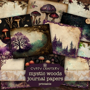 Papiers pour carnet de bord Mystic Woods, Pages de journal imprimables, Fournitures pour scrapbooking, Bois, forêt, Champignons, Sorcière, Grimoire
