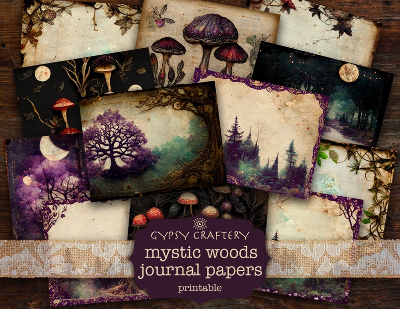 May include: A set of printable digital papers featuring a mystical forest theme. The papers feature images of trees, mushrooms, and moons in shades of purple, green, and brown. The text "Gypsy Craftery Mystic Woods Journal Papers Printable" is visible in the image.
