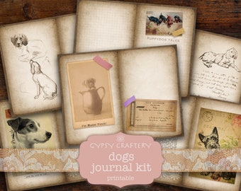 May include: A printable journal kit with a dog theme. The kit includes images of dogs, a dog license, and a vintage postcard with a dog on it. The kit is perfect for scrapbooking, card making, or other paper crafts.