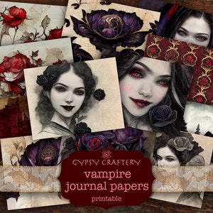 Vampire Junk Journal Papers, Printable Journal Pages, Digital Paper Pack, Scrapbook, Dark Theme, Roses, Witchy