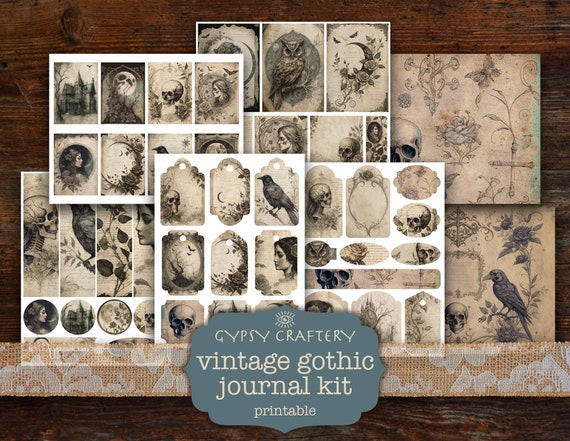 Vintage Gothic Junk Journal Kit, Printable Pages, Ephemera, Bookmarks, ATC  Cards, Journaling Supplies, Moon, Roses, Skull 