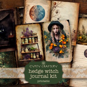 May include: A printable journal kit with a vintage aesthetic featuring images of a black cat, a witch, a moon, herbs, and a shelf of bottles. The kit is titled "hedge witch journal kit" and includes the text "GYPSY CRAFTERY" and "printable".