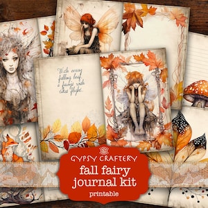 Kit de carnet de notes féeriques d'automne, pages de carnet imprimables, lot d'éphémères, cartes ATC, papier de scrapbooking, fées, champignons, feuilles