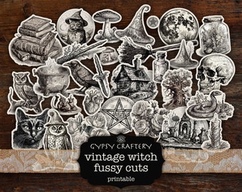 Vintage Witch Fussy Cuts, Witchy Ephemera, Printable Collage Sheet (Digital Download)