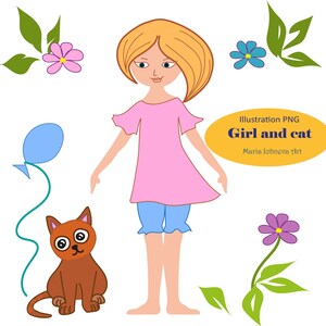 Girl and cat clipart, Girl Clipart, Cat Clip Art, Girl Illustration, Cat Illustration, Digital Girl, Digital Cat, Girl PNG, Cat PNG, Flowers