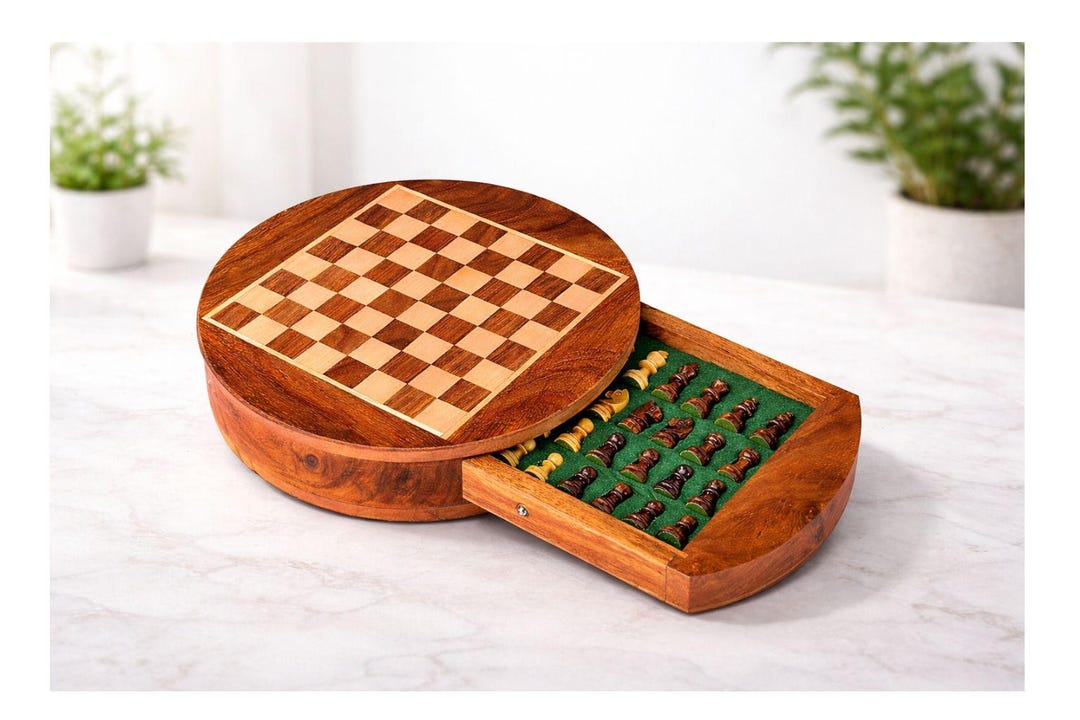 Personalized Round Wooden Chess Set With Sliding Drawer Storage ...