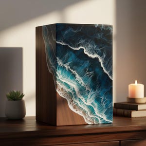 Puede incluir: Una caja rectangular de madera con un diseño de olas oceánicas de resina. La caja presenta vetas de madera oscura en los laterales y una representación detallada de olas oceánicas en tonos azules y blancos en la parte delantera.