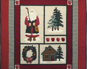 Christmas Lap Quilt, Handmade, Traditional, Old World Santa, Cabin in the Woods, Country Charm