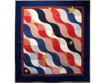 Patriotic Lap Quilt Red White & Blue. Generously sized at 66 inches high by 60 inches wide. Handmade in USA.