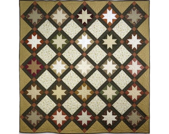 Star Quilt in Fall/Autumn Colors, Handmade, Original, One-of-a-kind bed or lap quilt features the traditional Evening Star Block.