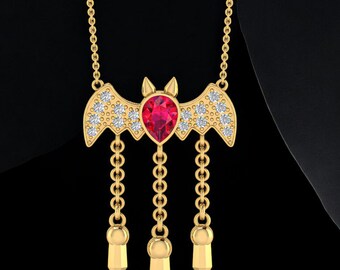 Gold-filled Ruby Bat Pendant Necklace, Sterling Silver, Women Necklace, Genuine Raw Ruby July Birthstone Necklace, Free Fast Shipping