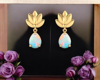 Opal Earrings, Floral Drop Earrings, Opal Flower Earrings, Opal Dangle Earrings, Gold Tiny Earrings, October Birthstone, Gift for Her-HUZURR