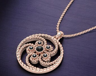 Black Diamond Necklace, Open Circle Charm Necklace, Spiral Round Black Diamond Gold Pendant, Gift for Her, Christmas Gift, Birthday Gift