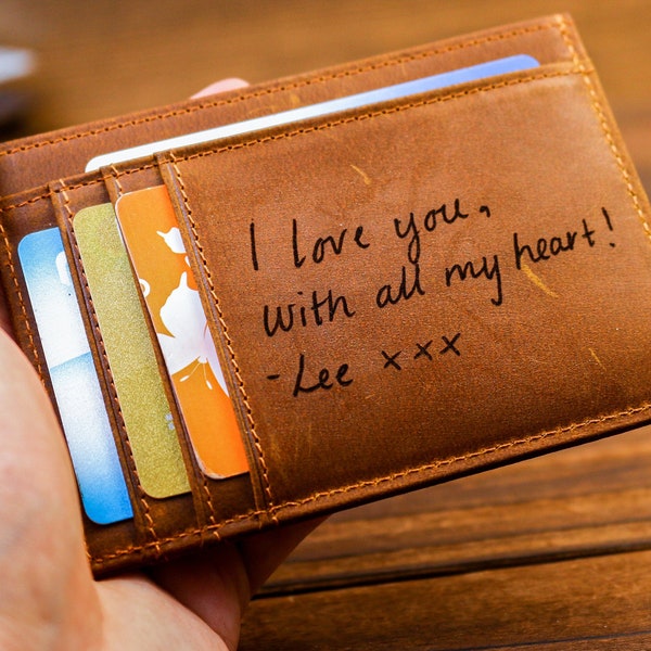 Handwritten Wallet, Personalized Slim Wallet, Fathers Day Gift, Minimalist Leather Card holder