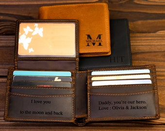 Personalized Fathers Day Gift, Engraved Full Grain Leather Custom Wallet, Anniversary Gift for Him, Mens Wallet, Gift for Dad
