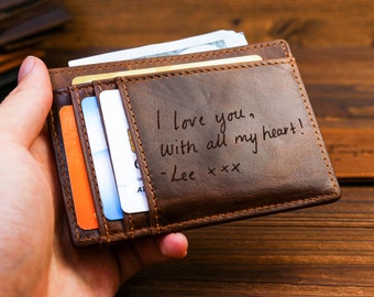 Portefeuille manuscrit, portefeuille mince personnalisé, cadeau de fête des pères, porte-cartes en cuir minimaliste