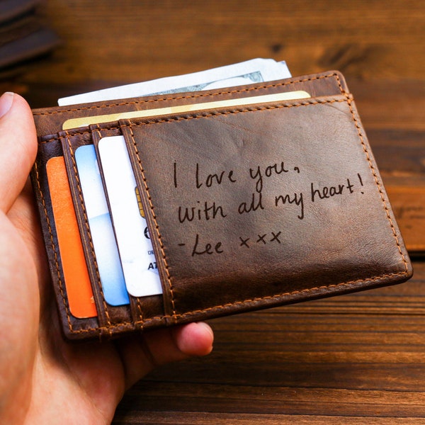 Handwritten Wallet, Personalized Slim Wallet, Fathers Day Gift, Minimalist Leather Card holder