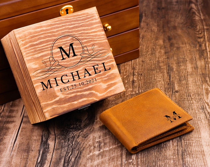 Cadeau de la fête des Pères, portefeuille personnalisé pour hommes en cuir véritable gravé monogrammé avec boîte-cadeau en bois en option pour les garçons d’honneur, le meilleur homme