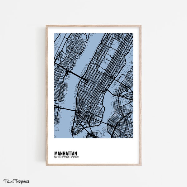 MANHATTAN Wall Art, Manhattan Map Poster, Modern Minimalist Wall Art, Manhattan Art Print, City Map Digital Print, Blue Manhattan City Map