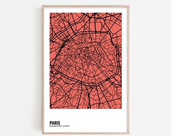 PARIS Art Print, Paris Wall Art, Paris Map Poster, Modern Minimalist Wall Art, City Map Digital Print, Paris Red Map, Printable Paris Poster