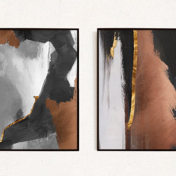 Set of 2 Piece Wall Art, Room Decor, Luxury Gray Brown Gold Art, Abstract, Painting, Digital Print, Home & Living Printable