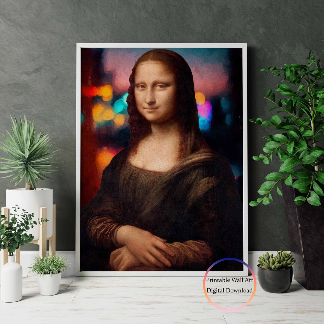 Digital Painted Oil Painting Reproduction Mona Lisa Poster Neon Wall Art Eclectic Home Decor