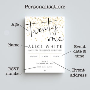 Puede incluir: Una invitaci&oacute;n blanca con confeti dorado y el texto "Twenty One" en letra cursiva negra. La invitaci&oacute;n es para la fiesta de cumplea&ntilde;os de Alice White, que se celebrar&aacute; el s&aacute;bado 12 de abril a las 7 pm en el Club 7, Anywhere, AN1 WH1. El n&uacute;mero de RSVP es 01234 567890.