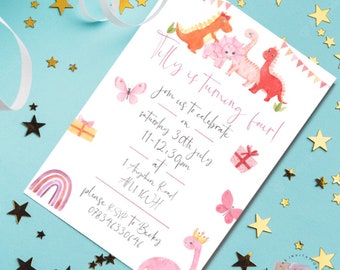 Girly Pink Dinosaur Invitations | Personalised Dinosaur Invites | Childrens Birthday Party Invites | Dino Lover