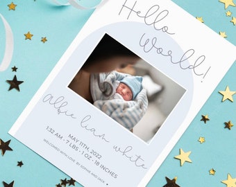 Personalised New Baby Arrival | Birth Announcement Card | Babys First Photo | Hello World My Name Is | New Parents