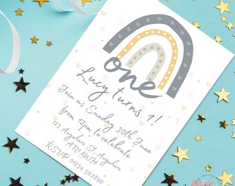 Neutral Rainbow 1st Birthday Invitation | Gender Neutral Children's Party | Custom Age Simple Boho Invite