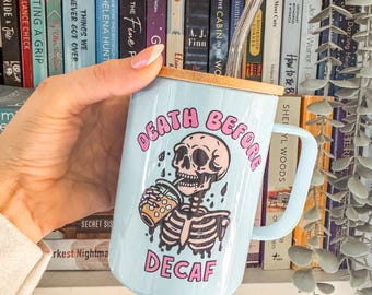 Vaso de viaje Death Before Decaf con tapa de bambú y pajita / 15 oz / Vaso reutilizable
