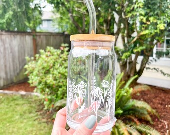 Floral Line | Beer Can Glass | 16oz | Bamboo Lid and Straw | Trendy Iced Coffee Cup