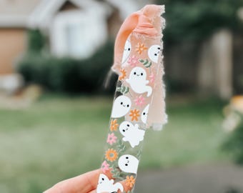Happy Floral Ghost Acrylic Bookmark | Aesthetic  Halloween | Clear Bookmark with Chiffon Ribbon