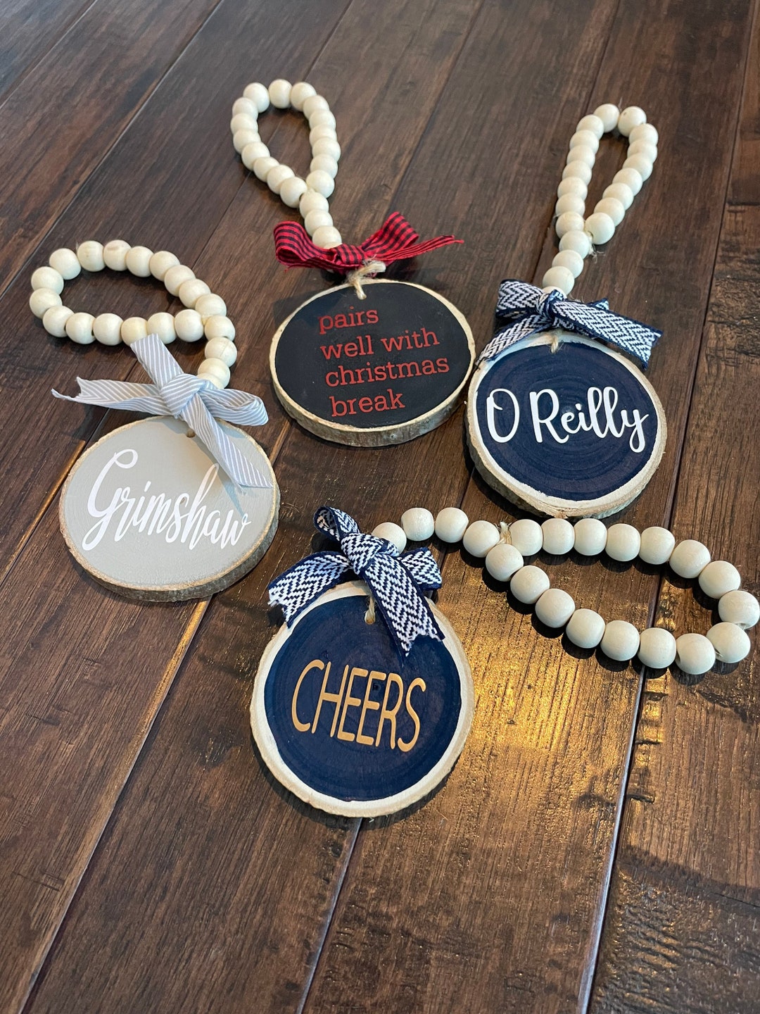 Wood Bead Tassel Wine Bottle Garland, Wood Wine Bottle Tags, Personalized Beaded Wood Slice