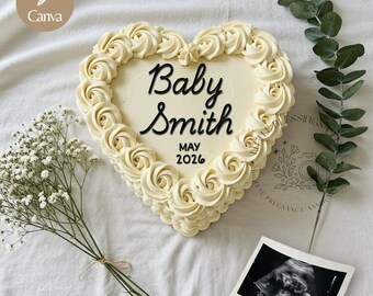 May include: A heart-shaped cake decorated with white frosting and a rose pattern. The cake is inscribed with "Baby Smith" and "May 2026".