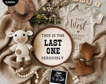 Last One Pregnancy Announcement Digital Baby Reveal Social Media Farm Cow Canva Template