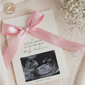 Einfache Rosa Schleife Schwangerschaftansage-Vorlage, Digitale Baby offenbaren, minimalistisches Design einzigartig, Ankündigung für werdende Familien