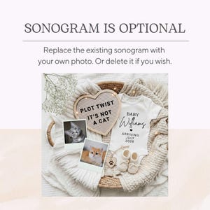 May include: A white baby bodysuit with the text Baby Williams Arriving July 2026, a heart-shaped letter board reading PLOT TWIST IT'S NOT A CAT, two cat photos, and small cream-colored knit booties with a wooden paw print tag in a woven basket.