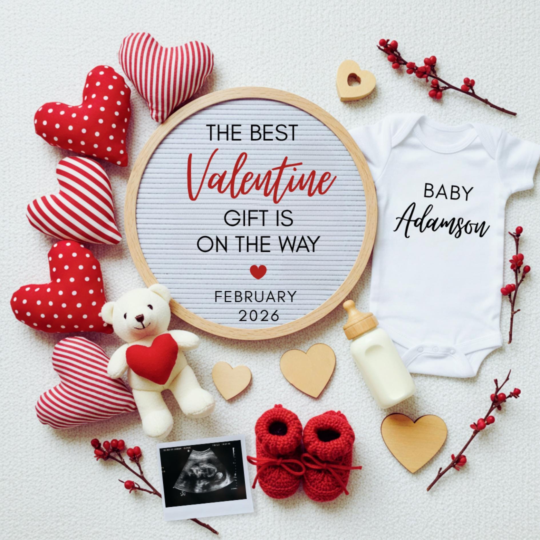 February Baby Announcement Digital: Valentine's Bear Canva Template