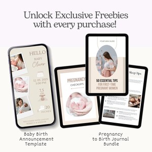 May include: Three digital screens displaying a baby birth announcement template and a pregnancy to birth journal bundle. The screens show text including Hello Baby Oliver, 12.05.2025, 7.5 lbs, 20 inches, Pregnancy Checklists, and 50 Essential Tips.