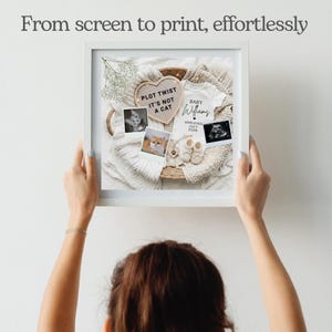 May include: A white square frame containing a pregnancy announcement display with a heart-shaped letter board reading PLOT TWIST IT'S NOT A CAT, a white baby onesie labeled Baby Williams Arriving July 2026, two cat photos, an ultrasound, and baby booties.