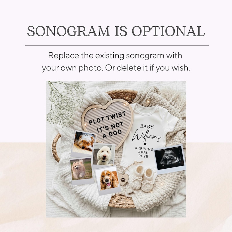 May include: A heart-shaped sign with the text "PLOT TWIST IT'S NOT A DOG" sits above photos of dogs. A white onesie with "BABY Williams ARRIVING APRIL 2026" is next to baby shoes and a sonogram. The items are in a woven basket.