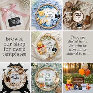 May include: A collection of baby announcement templates, featuring Winnie the Pooh plush toys, baby clothes, ultrasound images, and decorative elements. Text includes "A Little Girl Is On The Way," "It's a Boy," and "Holy Cow! We Are Having a Baby."