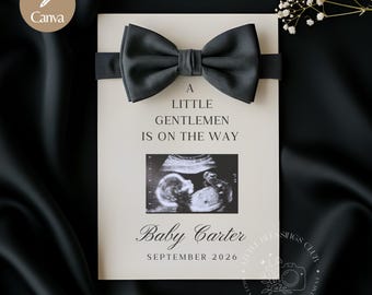 Baby Boy Pregnancy Announcement: Elegant Black Bow Gender Reveal (Digital Download, Canva Template)