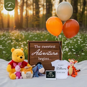 Winnie the Pooh Pregnancy Announcement, Digital Baby Reveal Template, Editable Gender Neutral for Social Media, Sweet Adventure