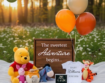 Winnie the Pooh Pregnancy Announcement, Gender Neutral Baby Reveal (Digital)