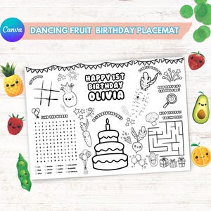 Feestdecoratie dansend fruit, sensorische kleurplaat Hey Bear, leuke kinderactiviteit, gepersonaliseerde verjaardagplacemat